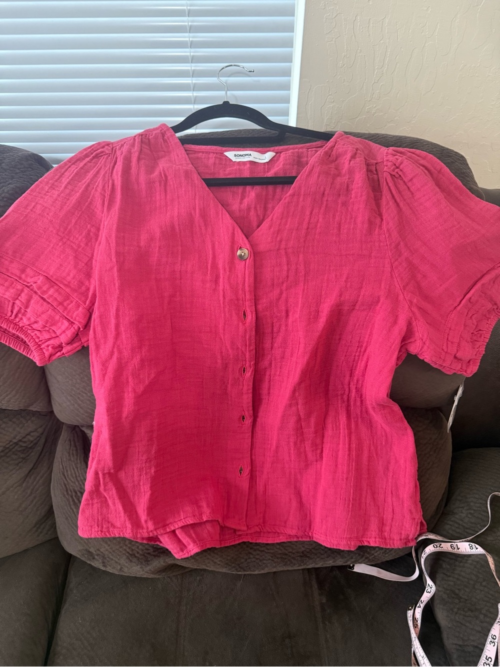 Sonoma Hot Pink Button-Front Puff Sleeve Blouse